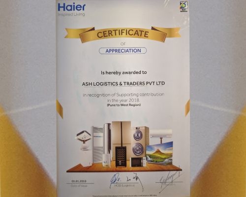 Haier Award- Certificate Of Appreciation